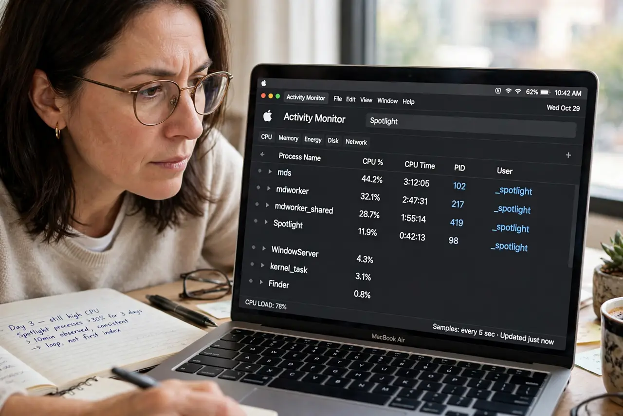 A person performing step 1 of the guide: Confirm it is really looping. Open Activity Monitor and watch the Spotlight processes over ten minutes. Constant high CPU for days — not ...