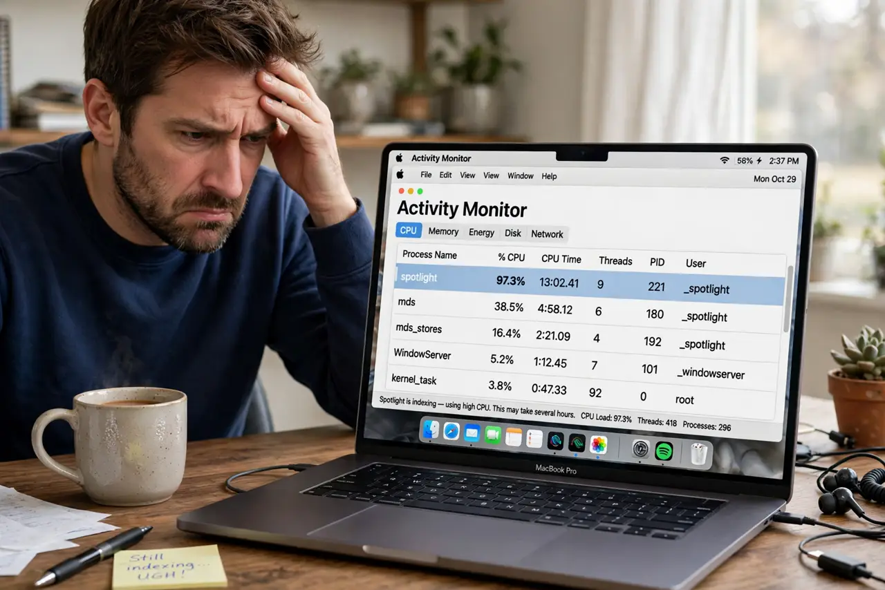 a frustrated adult looking at a real Mac showing Activity Monitor with Spotlight indexing using high CPU and fully legible text, the Mac's fan area warm.
