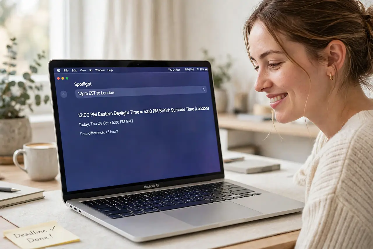 a person looking at a real Mac screen with Spotlight showing a legible time conversion result, the person's face relieved, bright desk. No black screen, no blank white screen, no f.