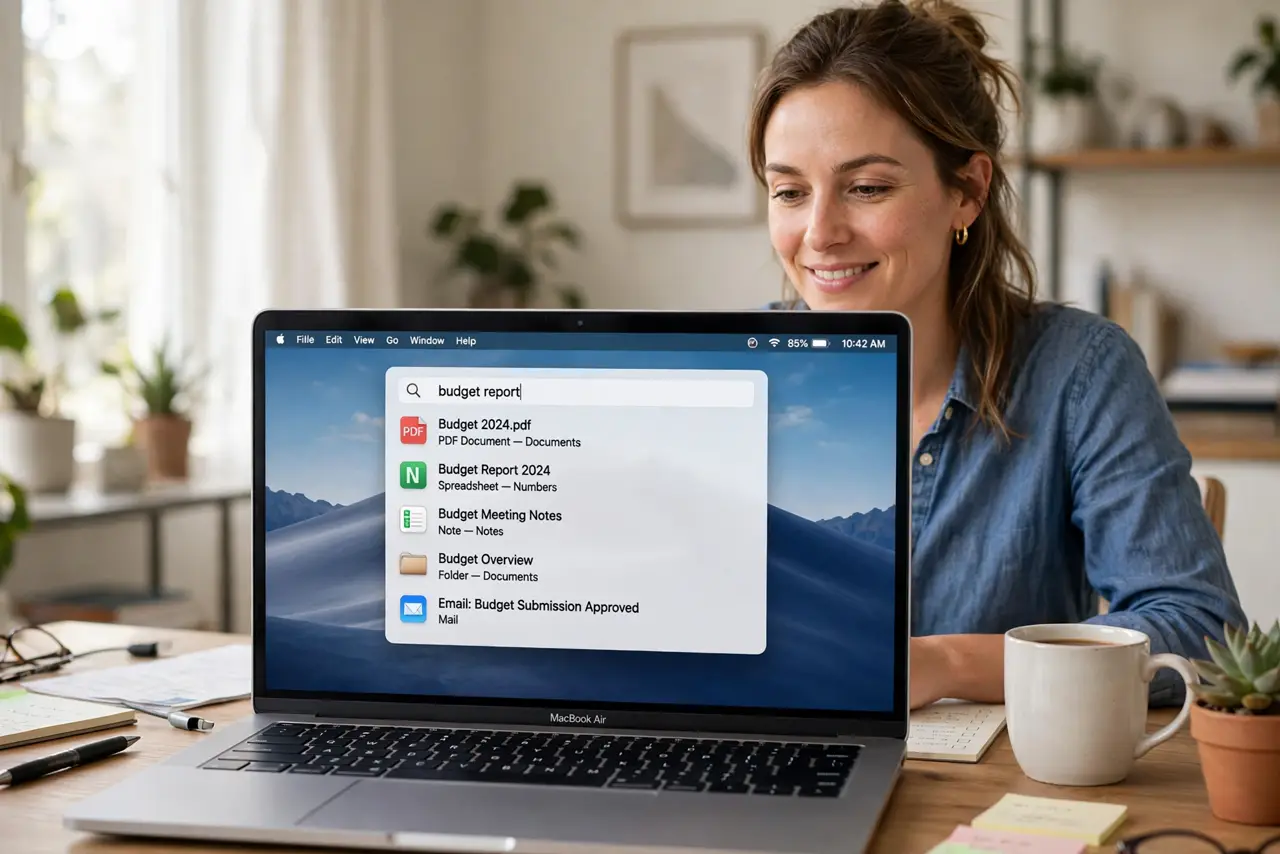 A person at a desk using a real MacBook, the screen showing the Spotlight search bar with legible results, the person's face pleased and efficient, bright home…