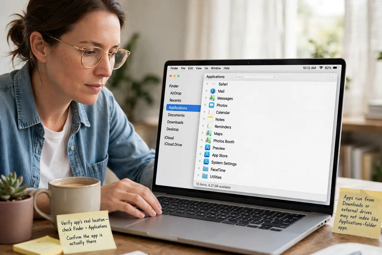 A person performing step 1 of the guide: Verify the app's real location. Open Finder > Applications and confirm the app is actually there. Apps run from Downloads or external dri...