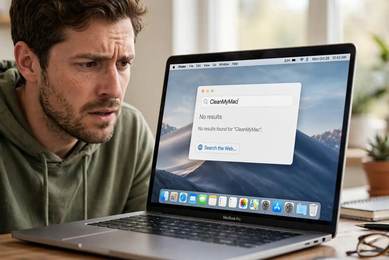 a puzzled adult looking at a real Mac showing Spotlight search with an app name typed and fully legible text, no app result appearing.