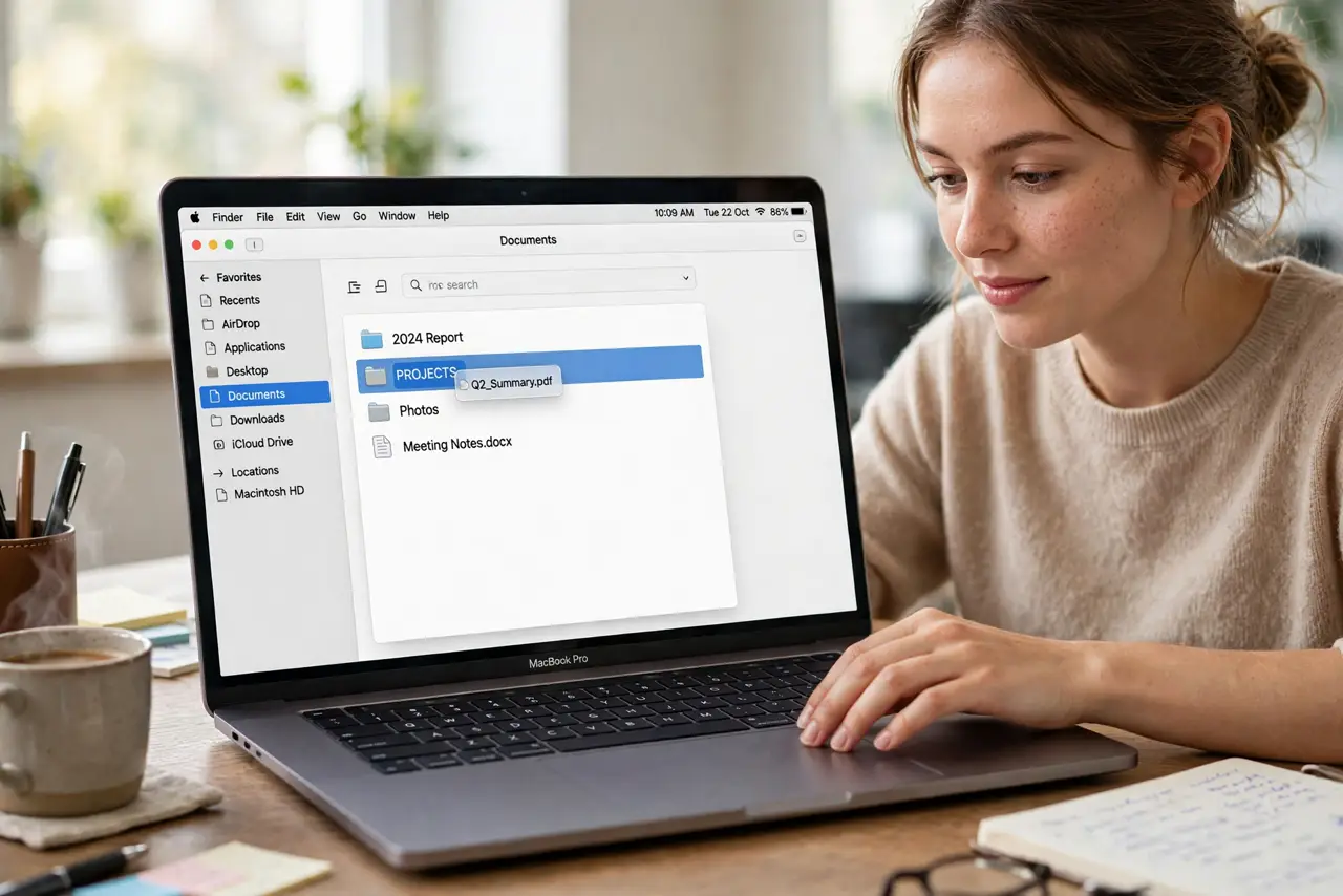 A person calmly performing the guide's first step: Drag a file and hover over the target folder.