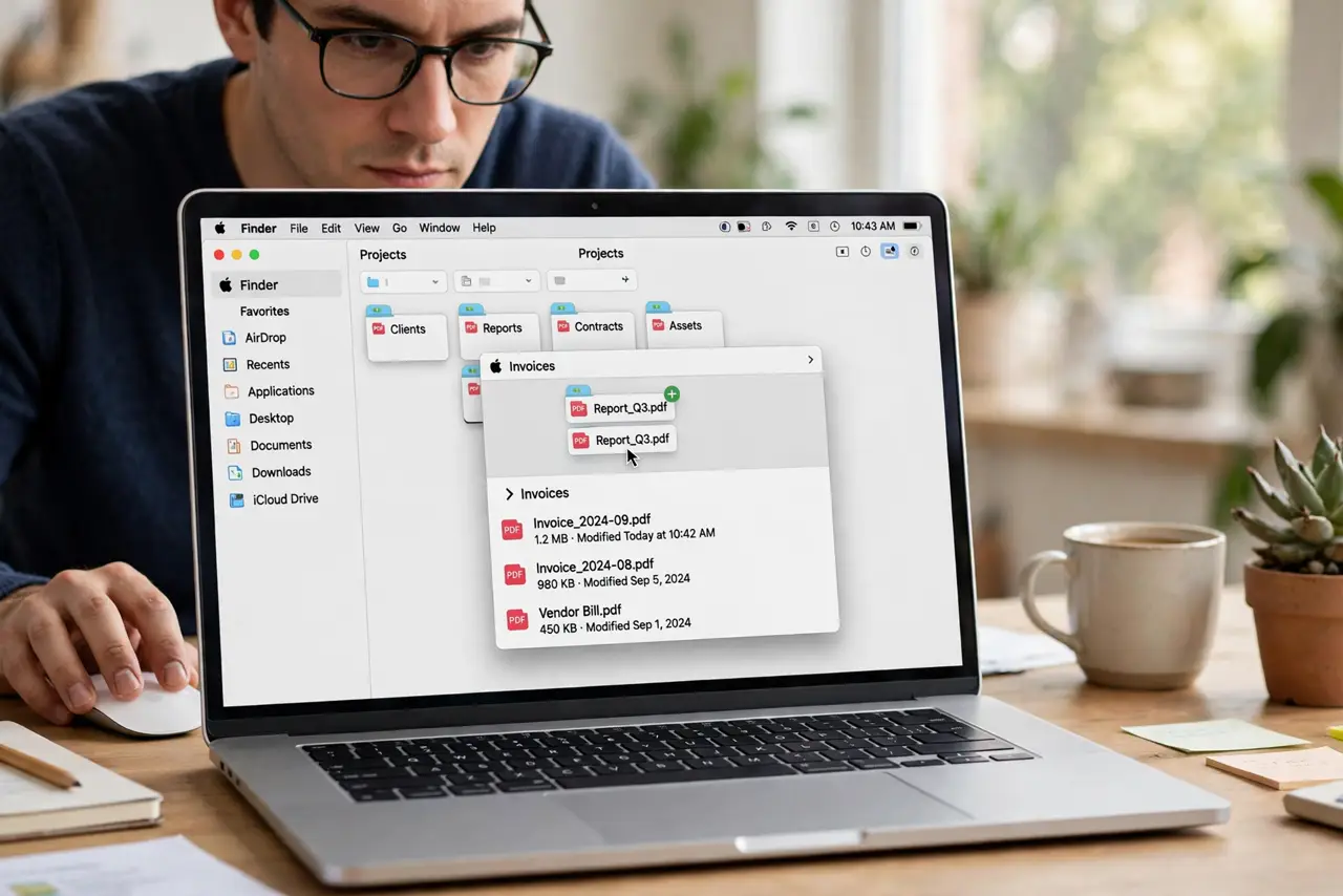 a person dragging a file with a mouse on a real Mac, the Finder window showing a folder springing open with legible folder names, the person's hand on the mouse, face focused. No b.