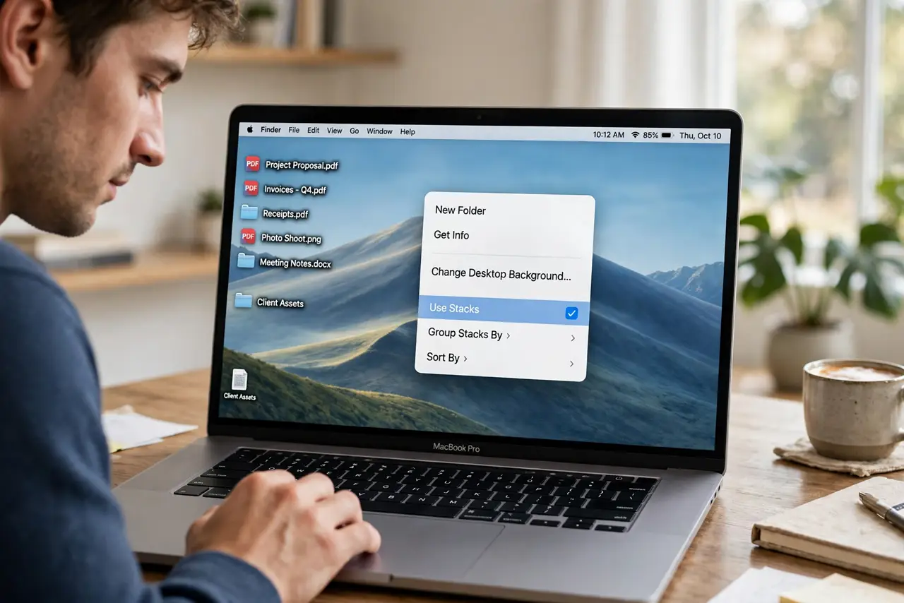 Photoreal photo of a person performing the first step: Turn on Stacks. Right-click any empty spot on the desktop and choose Use Stacks. Instantly, ...