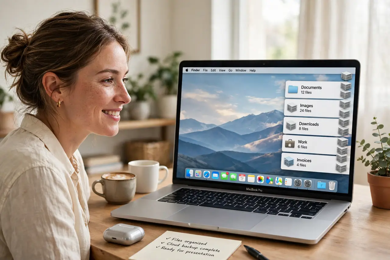 Photoreal photo: a person looking at a real Mac desktop showing Stacks piles of files neatly grouped along the right edge of the screen with legible labels, the person's face relieved, bright home office. No black ...