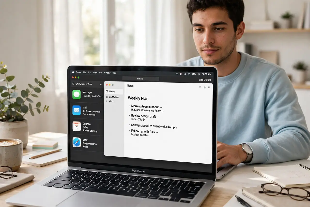 a person using a real Mac with Stage Manager active showing app thumbnails parked on the left and one app front and center, the person's face organized and calm, bright desk. No bl.