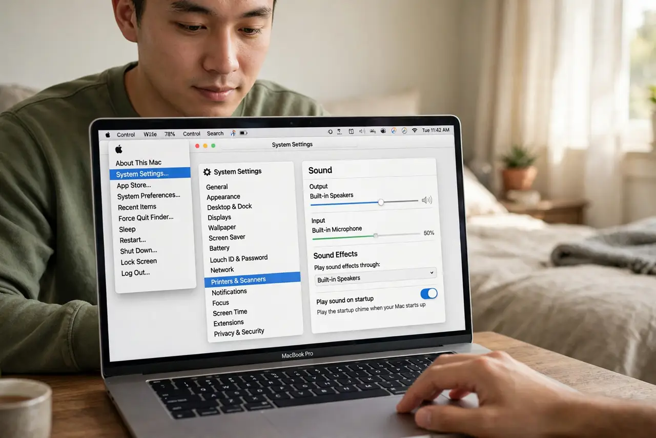 A person performing the first step: Open the Sound settings. Click the Apple menu, choose System Settings, then Sound.