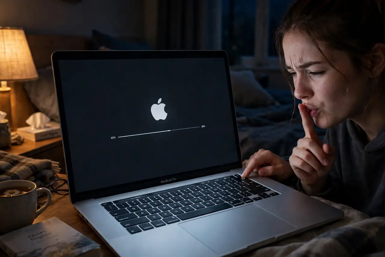 A person pressing the power button on a MacBook in a quiet bedroom at night, the laptop screen just lighting up, the