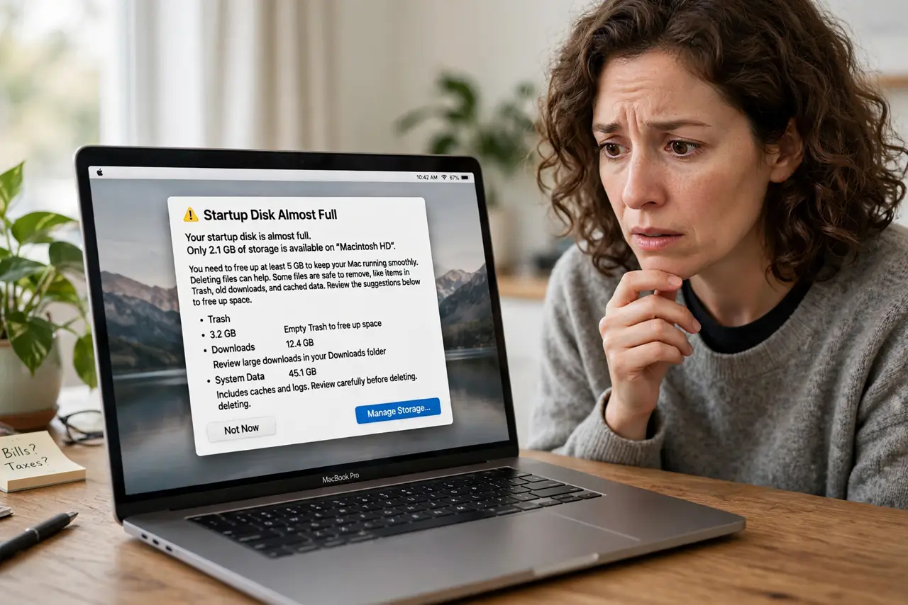 'Startup Disk Full' on Mac — a worried adult looking at a MacBook showing a startup disk full warning dialog with fully legible text, the p