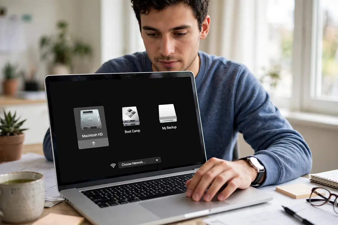 a person sitting at a real MacBook with the startup manager screen showing drive icons visible and legible, the person's hand on the trackpad, face focused a...