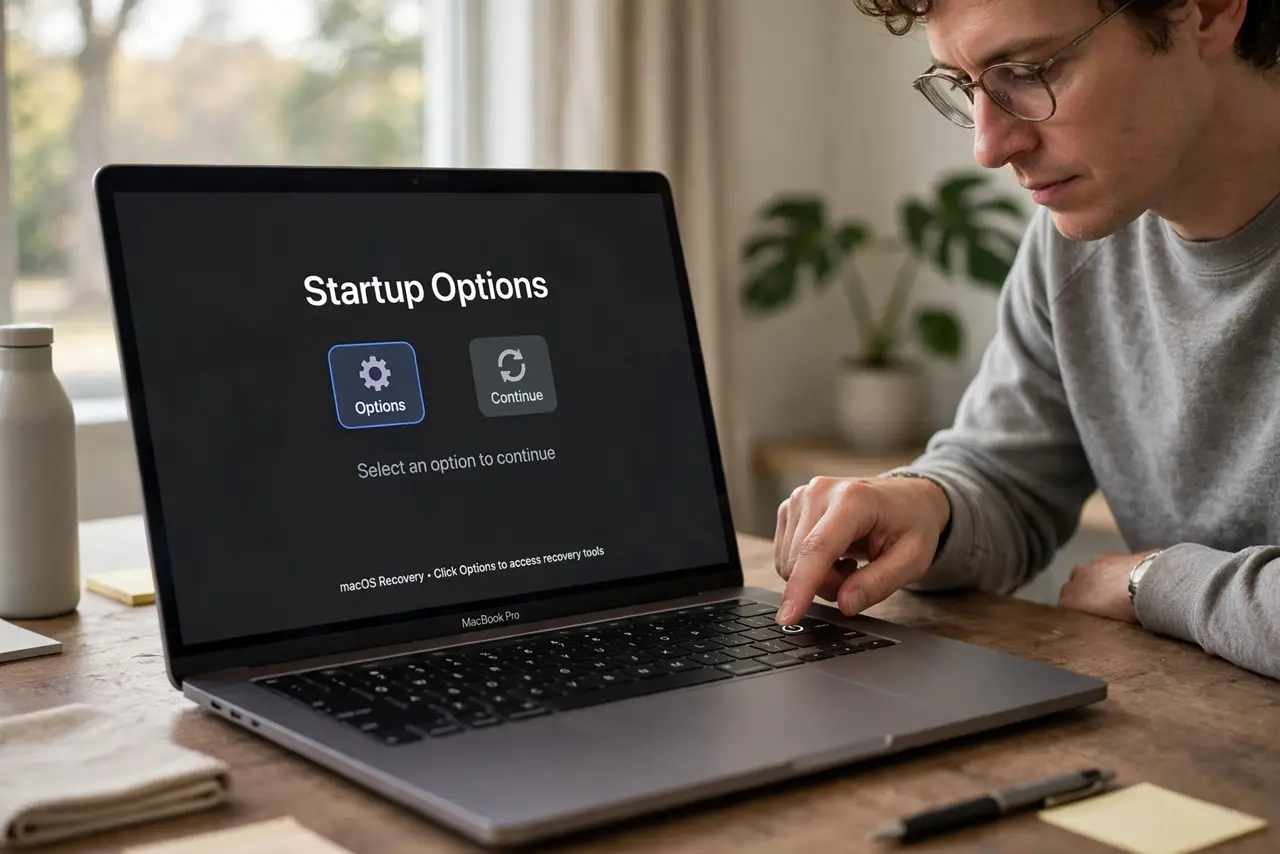 A person performing step 1: Restart into Recovery Mode. On Apple silicon: shut down, then press and hold the power button until startup op.