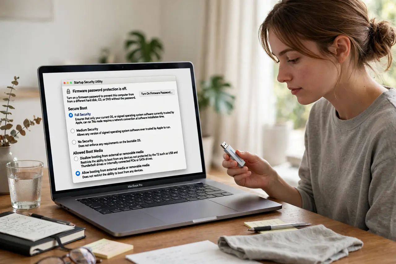 A person holding a real USB drive next to a MacBook showing the Startup Security Utility window with legible text, the person's face focused, desk with soft light.