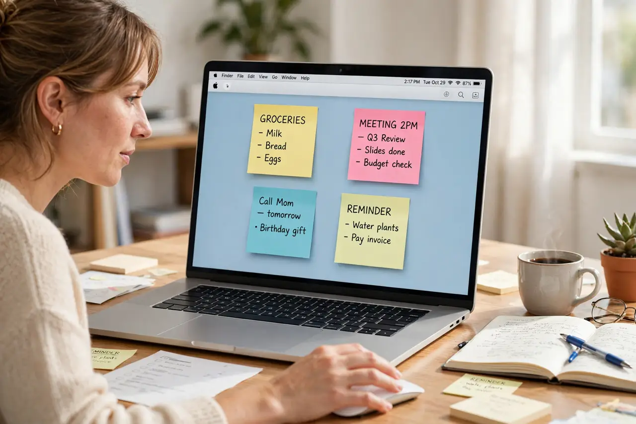a person using a real Mac, the desktop showing several real Stickies notes with legible short text, the person's hand on the mouse, face organized, bright desk. No black screen, no.