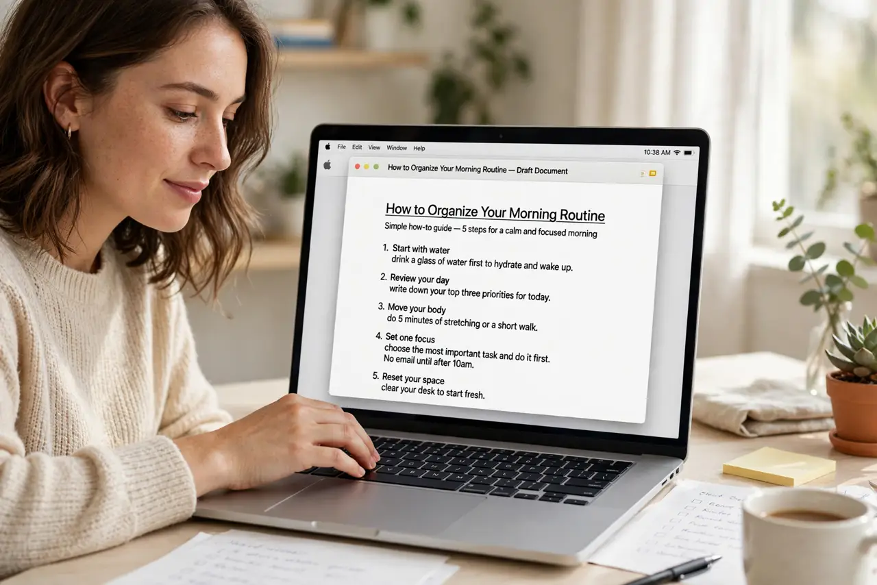 a person typing on a real MacBook keyboard with one hand, the screen showing a document with legible text, the person's face relaxed, bright desk.
