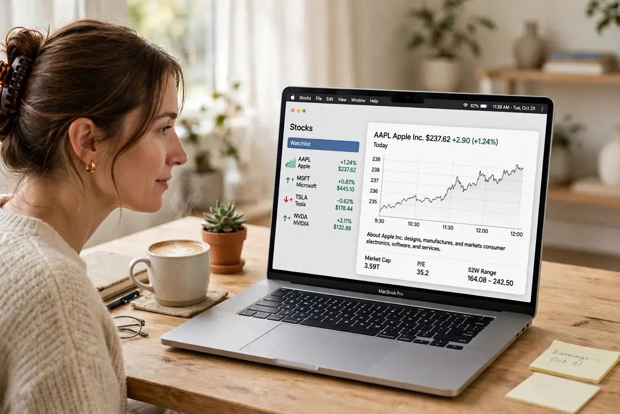 A person glancing at a real MacBook showing the Stocks app with a legible watchlist and chart, a coffee nearby, the person's face calm, bright home office…