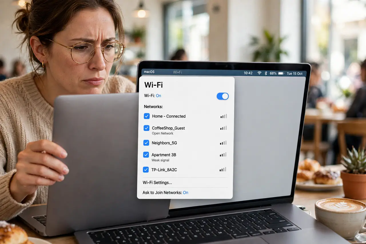 A person opening a real MacBook at a cafe table, the screen large in frame showing a legible Wi-Fi network list with signal bars, the person's face mildly.