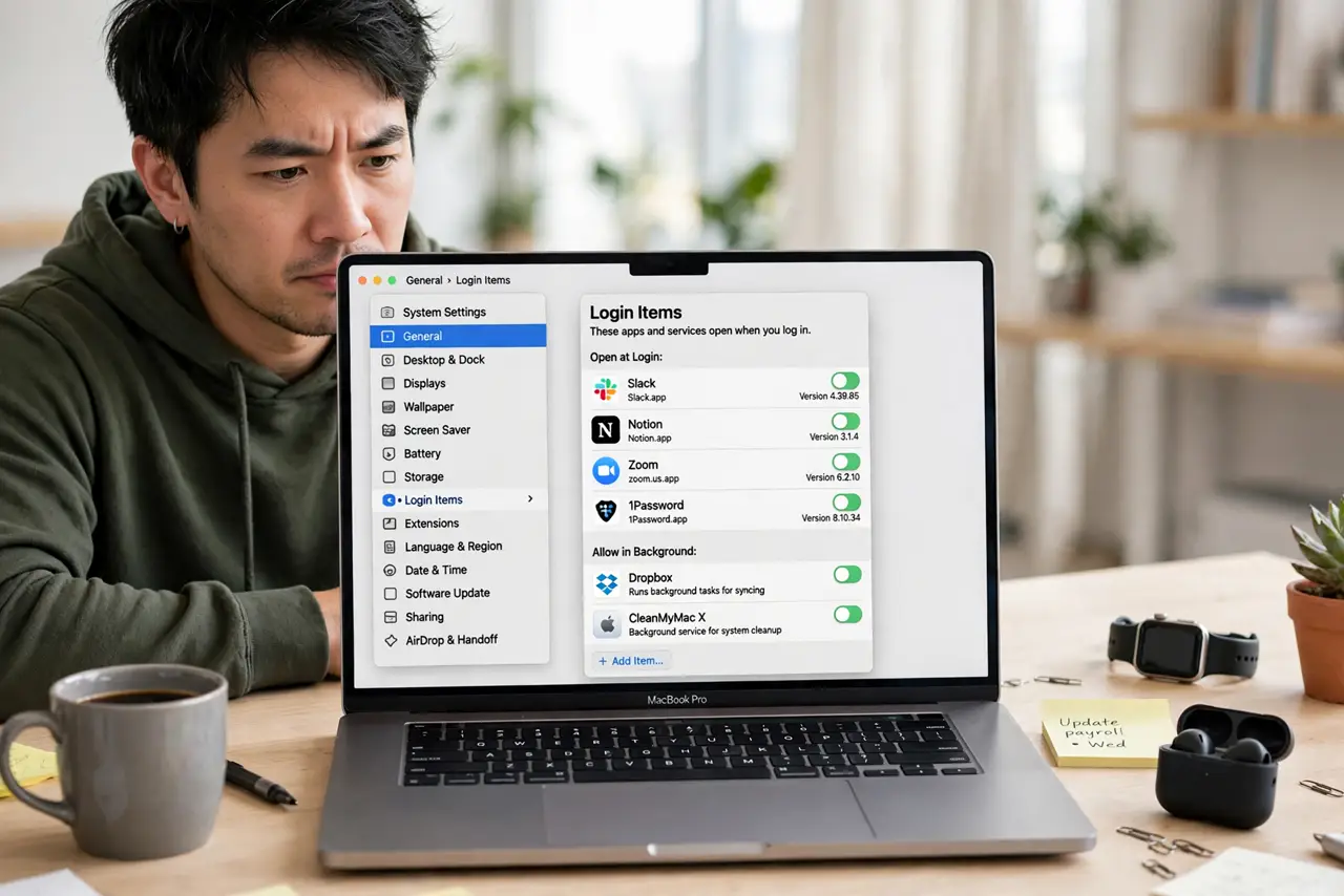 A person looking at a real MacBook screen showing System Settings open to General then Login Items with a legible list of apps, the person's face mildly…