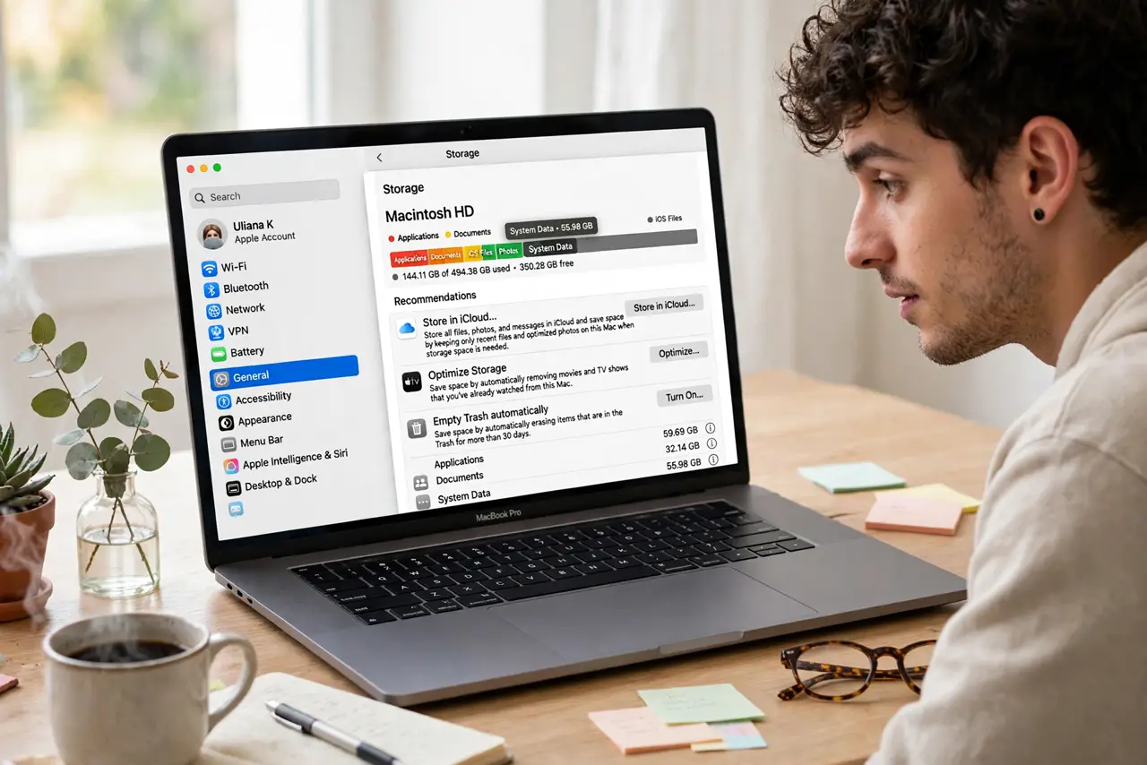 a person looking at a real Mac Storage settings bar with the System Data category highlighted, the person's face curious, bright desk. No black screen, no blank white screen, no fa.