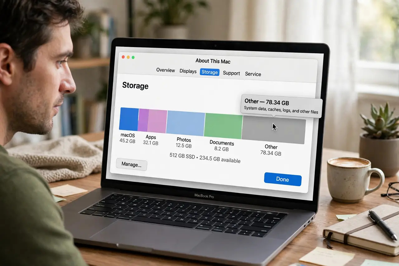A person performing the first step: See the breakdown. Apple menu > About This Mac > Storage (or System Settings >.