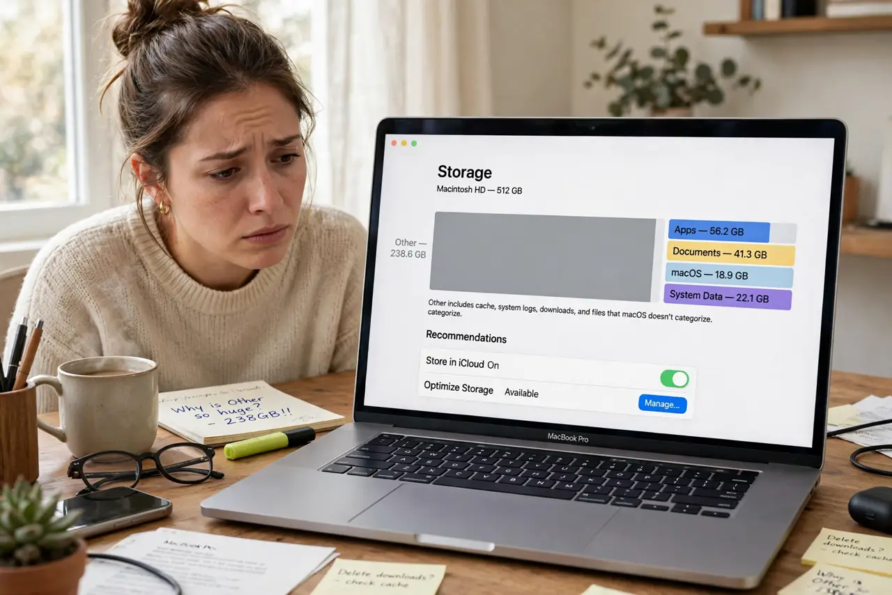 A concerned person looking at the Mac storage bar with a large gray 'Other' section legible on screen, the person's