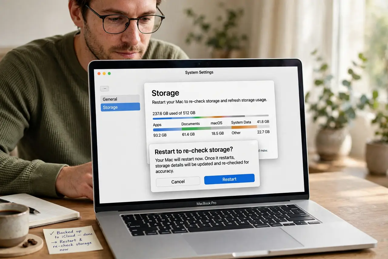 A person performing the first step: Restart and re-check storage.