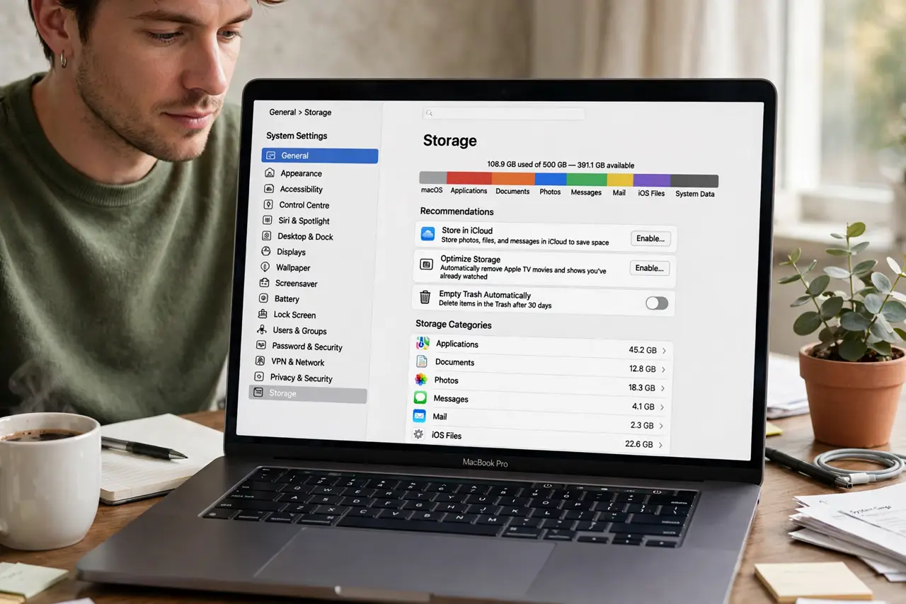 a calm adult at a desk with a real Mac laptop, the macOS Storage settings screen showing the storage categories clearly visible and legible on the real Mac screen.