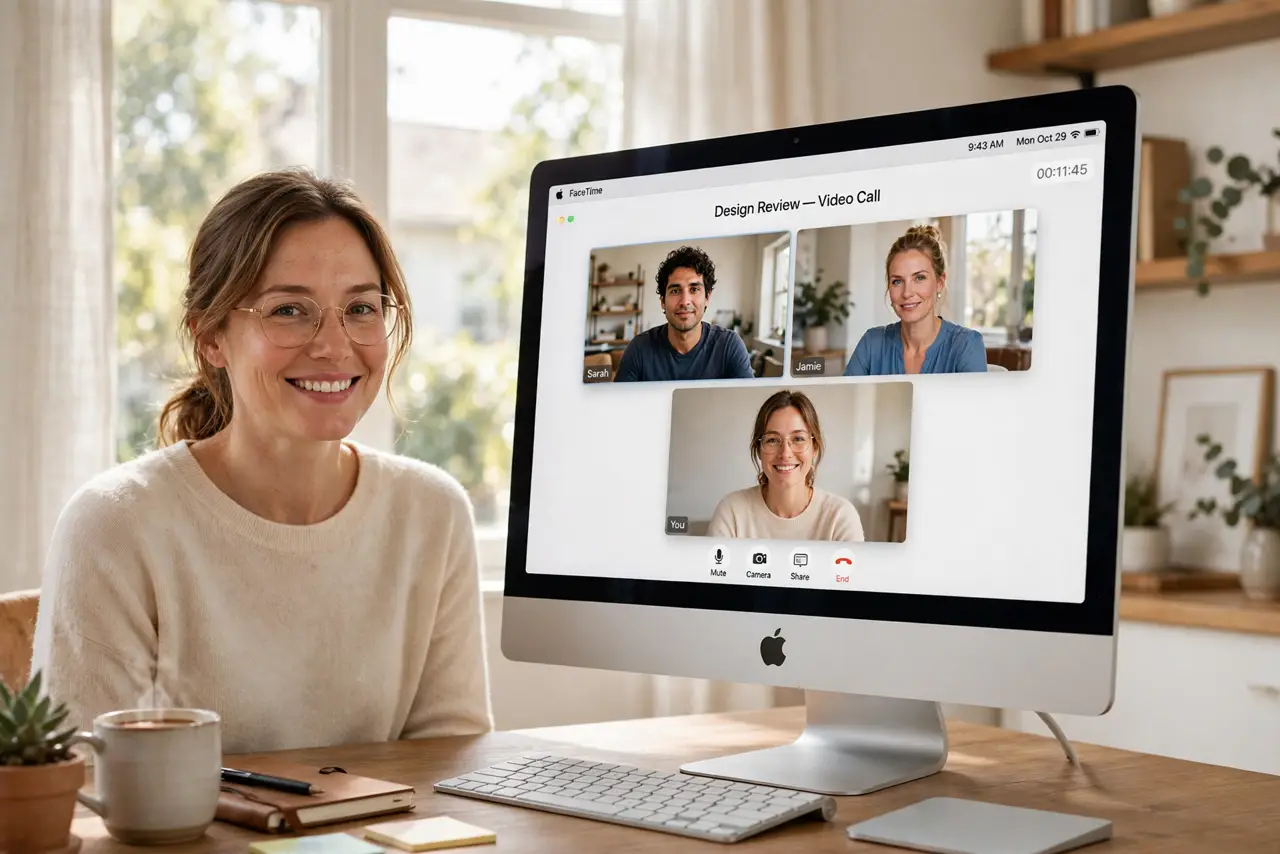 A person on a video call at a real Mac, their face well lit by soft daylight from a window in front of them, the Mac screen showing.