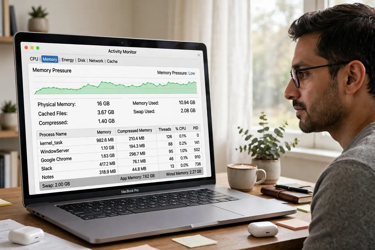 a person viewing a real Mac Activity Monitor memory tab with swap figures legible, the person's face calm and analytical, home office.