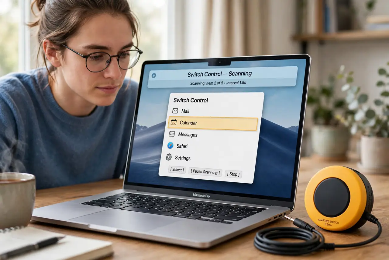 A person using a real MacBook with the Switch Control scanning highlight visible on screen fully legible, a large adaptive switch button beside the keyboard, the person's face calm and focused.