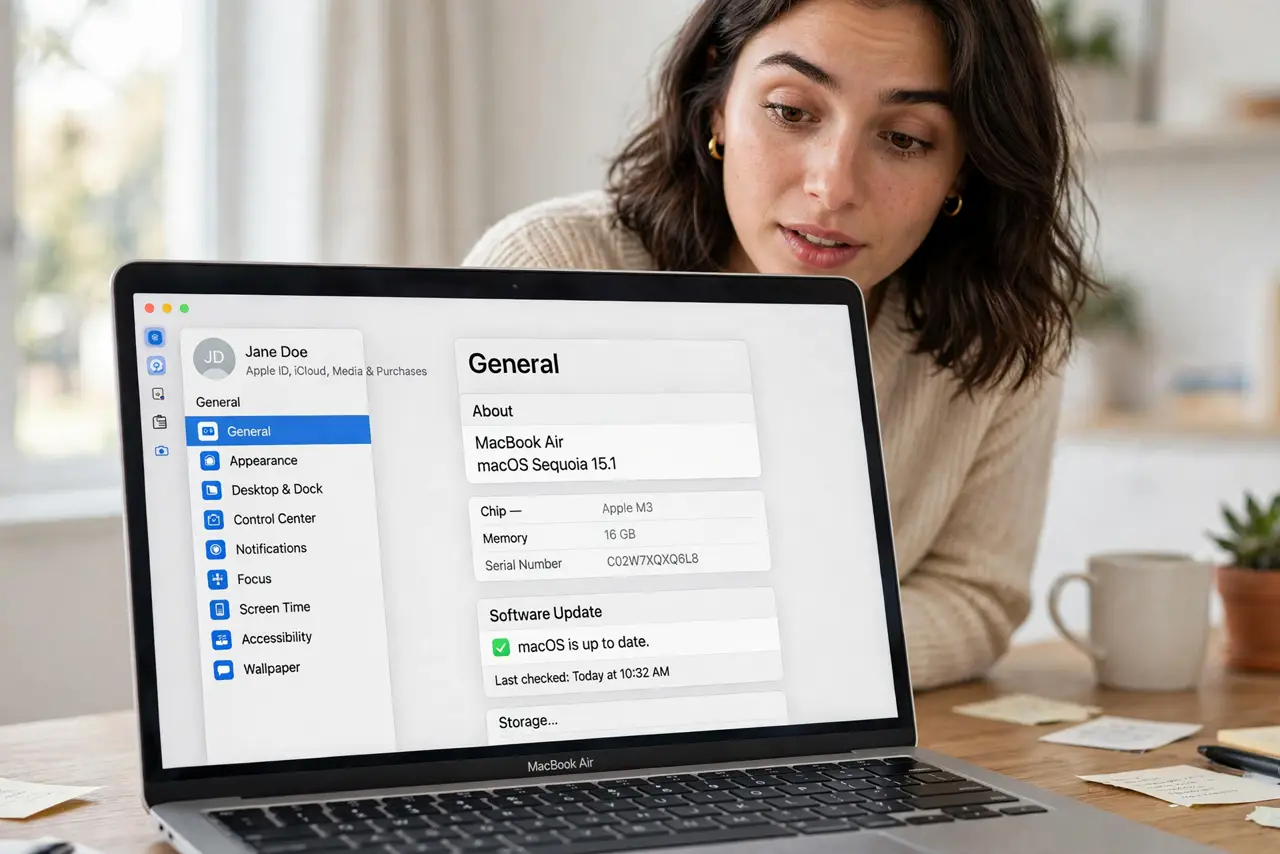 A person using a real MacBook showing System Settings with the sidebar and legible preference panes, the person's face curious, bright room.