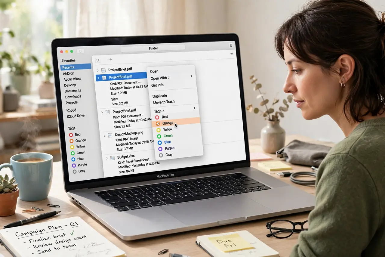A person performing the first step: Tag a file. Select files in Finder, right-click > Tags, and pick a color or type a.