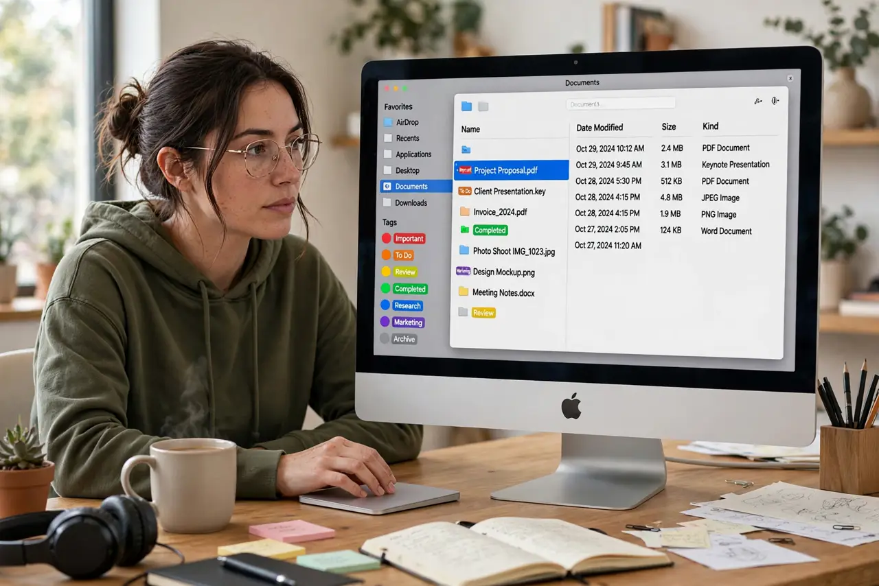 A person tagging files in Finder on a real Mac with colored tags visible and legible file names on screen, the person's
