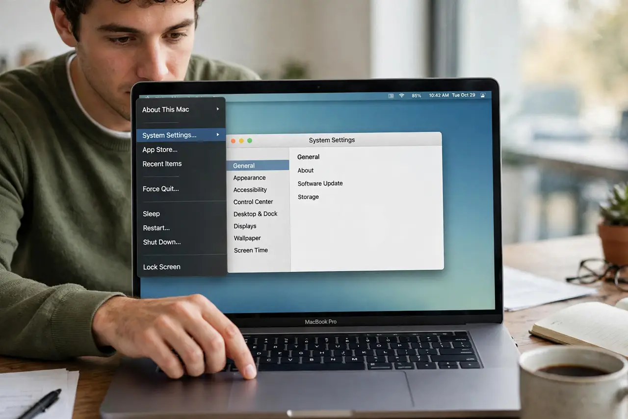 A person performing the first step: Open System Settings. Click the Apple menu and choose System Settings. Everything.