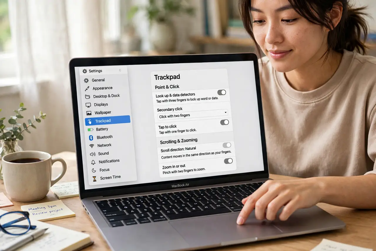 A person using a MacBook on a desk with the trackpad area visible, a hand lightly tapping the trackpad with one finger,