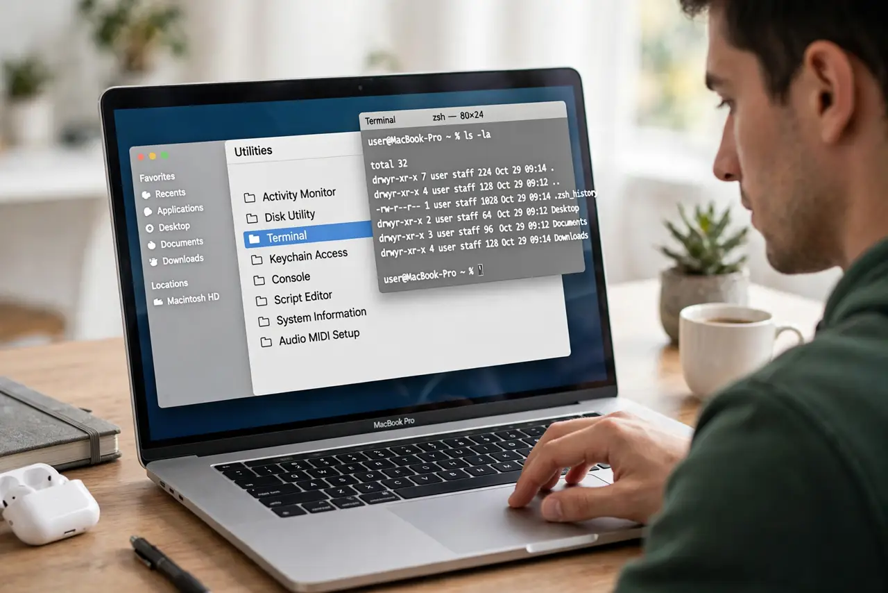 A person carrying out step one: open terminal safely.
