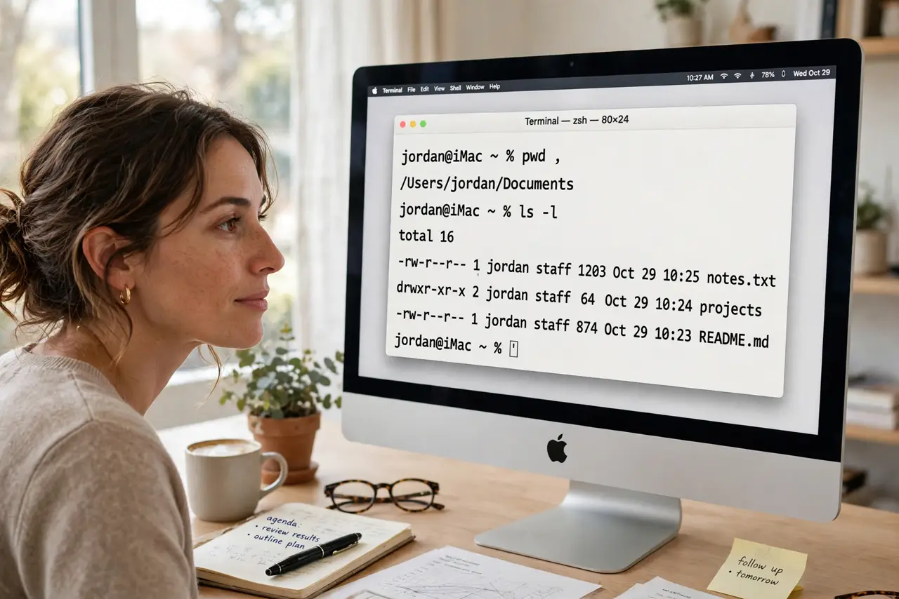 A person sitting at a real desk looking at a real Mac screen showing the Terminal window with a simple command and its output legible, the person's face…