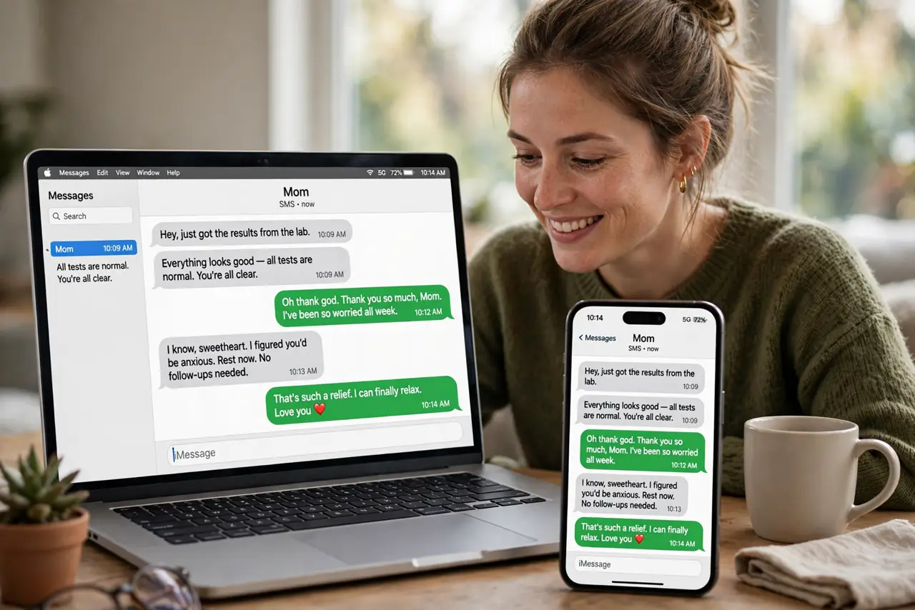 A person reading a green-bubble SMS conversation on a real MacBook screen in the Messages app fully legible, a real iPhone beside it showing the same thread, the person's face relieved.