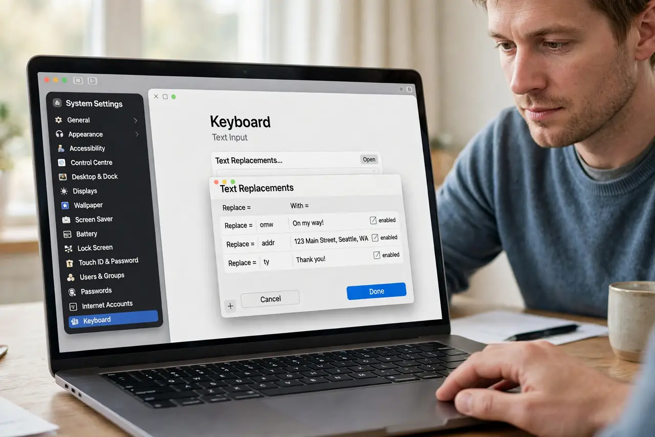 A person calmly performing the guide's first step: Open Text Replacements.