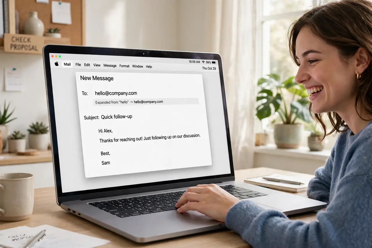a person typing on a real MacBook where typing a short trigger expands into a full email address, the person's face delighted, bright home office. No black screen, no blank white s.