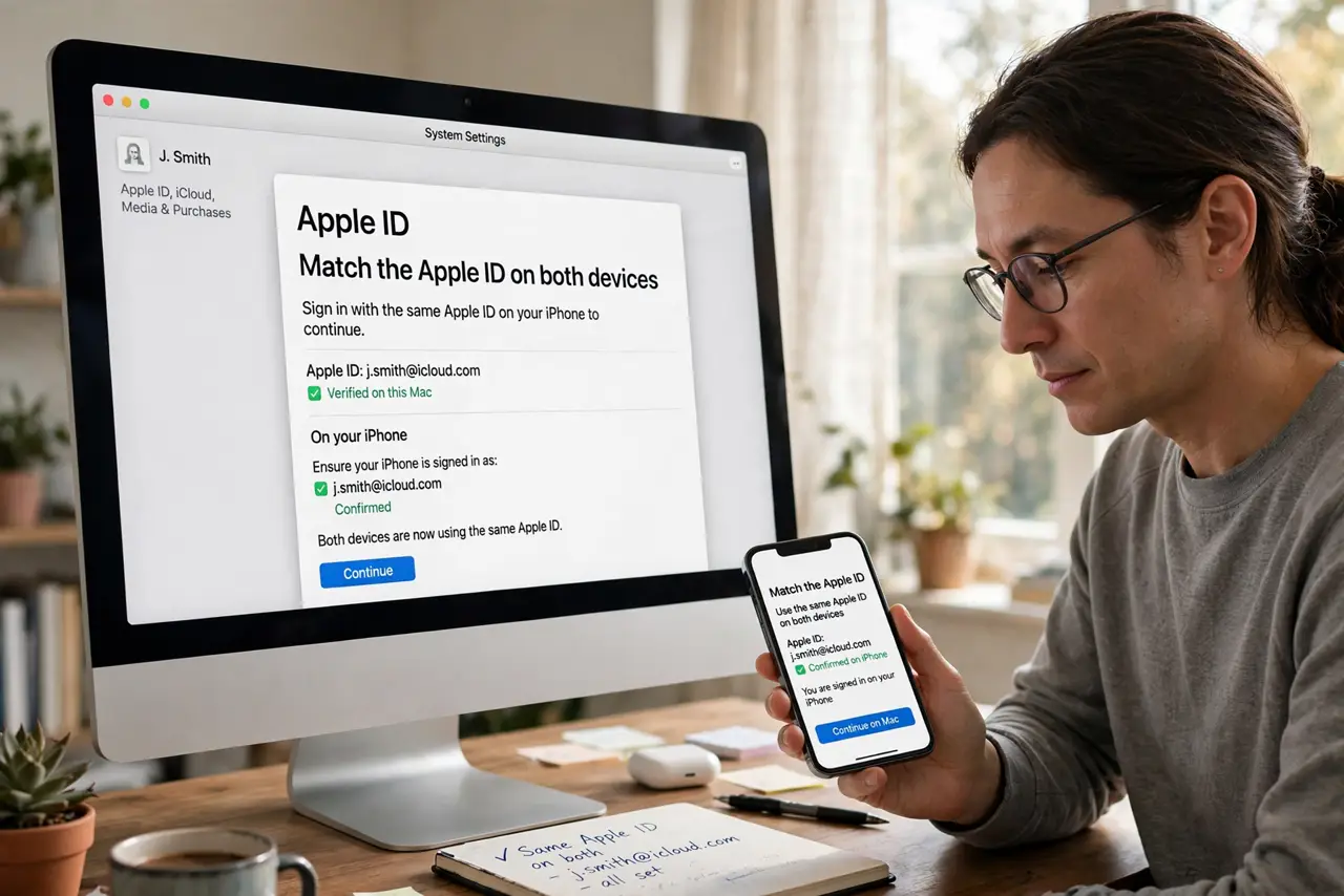 Step 1 in action for Text Replacements Not Syncing to iPhone: Match the Apple ID on both devices.