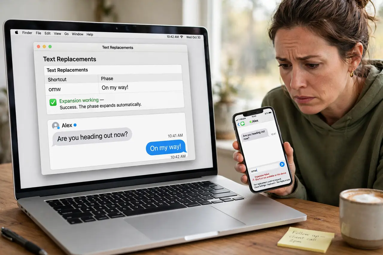 Text Replacements Not Syncing to iPhone — a puzzled adult typing a shortcut on an iPhone that fails to expand while a MacBook beside it shows the same s