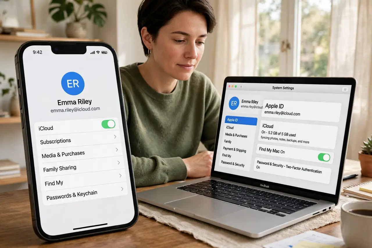 Photoreal photo of a person performing the first step: Confirm the same Apple ID everywhere. Text replacements sync via iCloud, so every device mus...