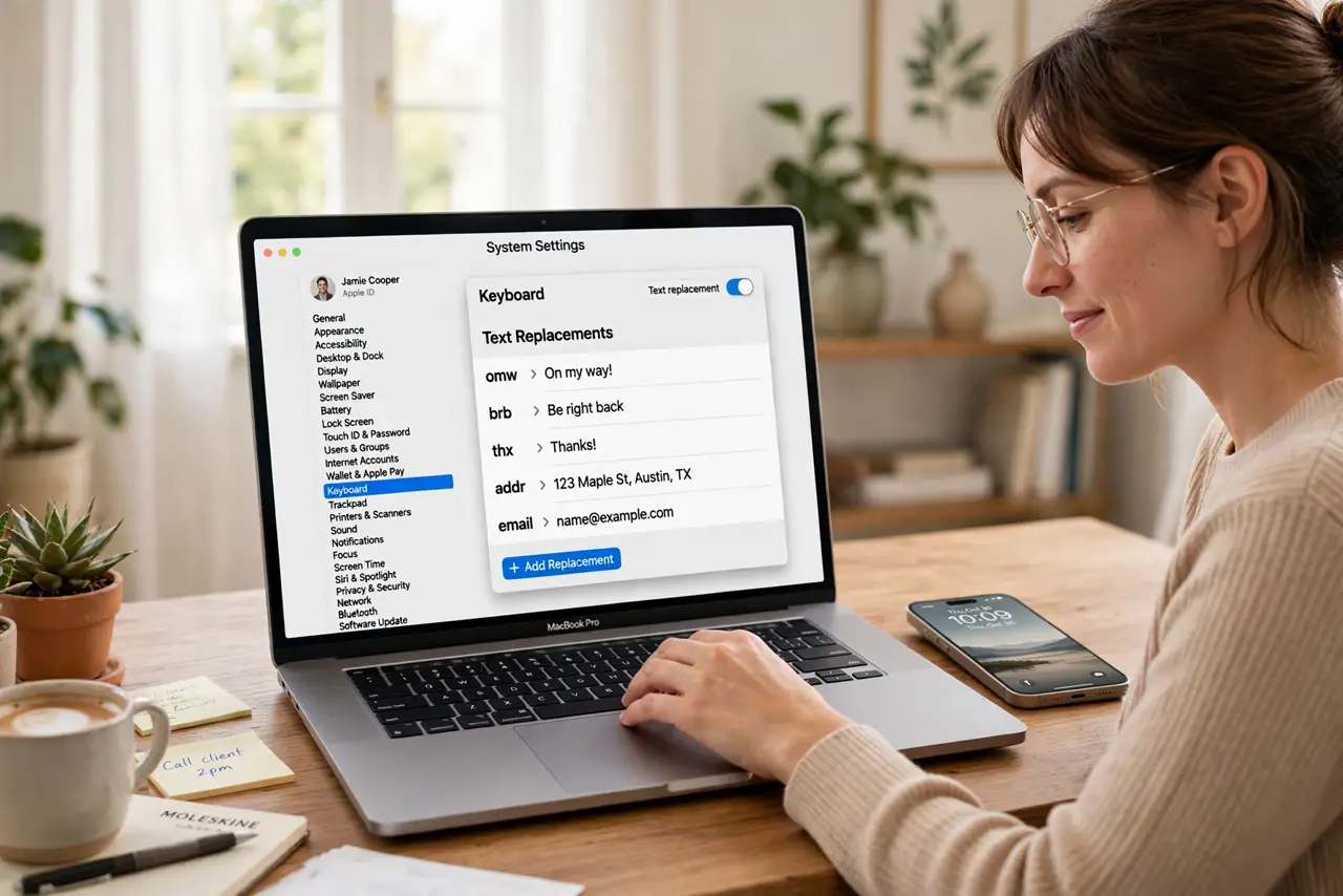 Photoreal photo: a person typing on a real Mac laptop with keyboard text replacement settings open showing shortcut list legible, an iPhone beside it, the person's face focused, bright home office. No black screen,...