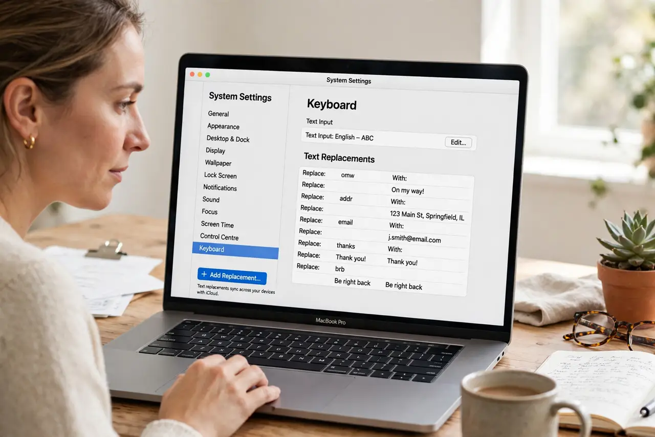 A person performing the first step: Open Text Replacements. System Settings > Keyboard > Text Input > Text.