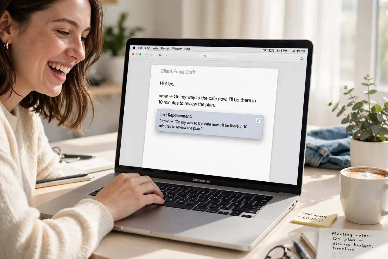 A person typing on a real Mac with a text replacement expanding in a document with legible text on screen, the person's