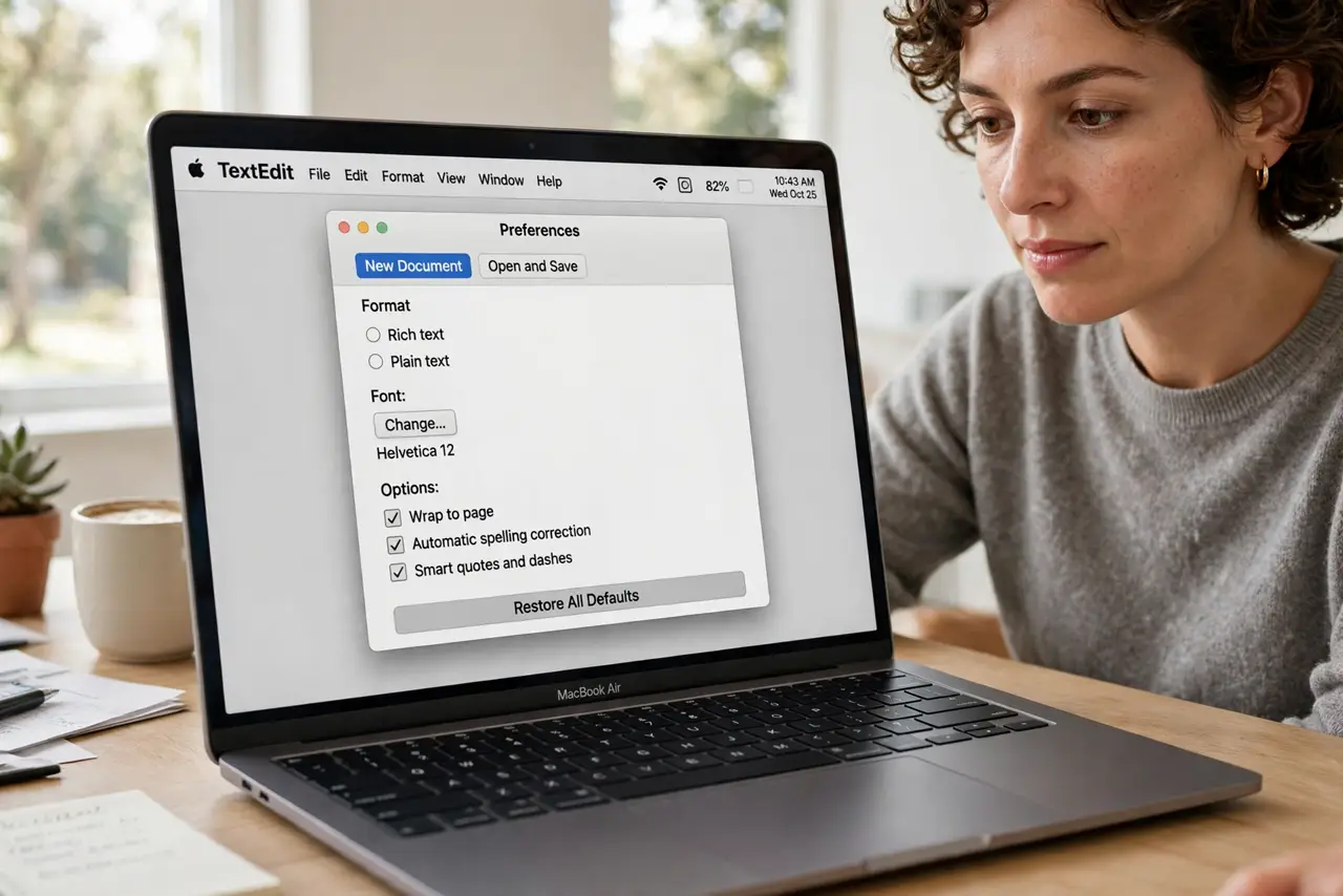 A person calmly performing the guide's first step: Open TextEdit preferences.