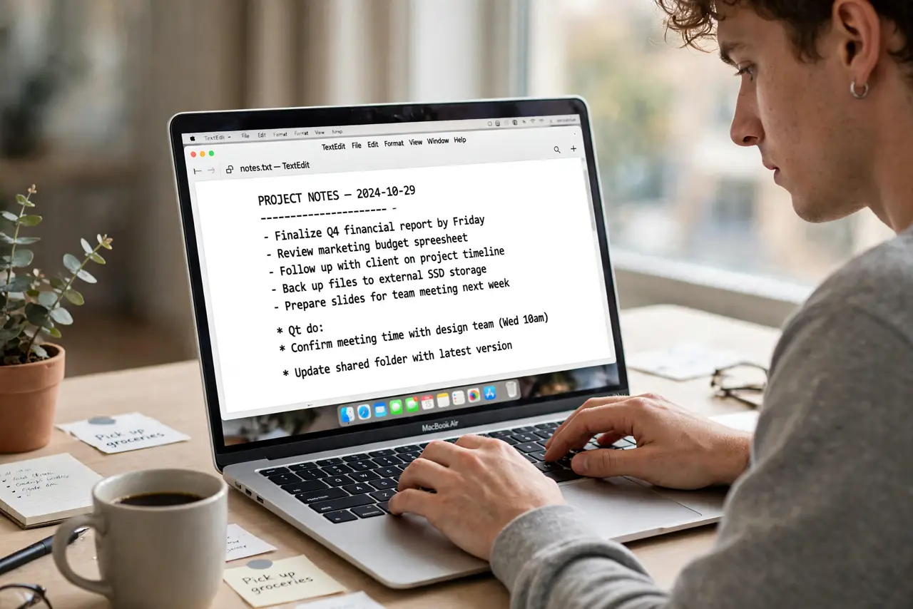 a person using a real Mac laptop, TextEdit open showing a plain text document with clean monospace text, the person's hands on the keyboard, face focused, bright desk. No black scr.