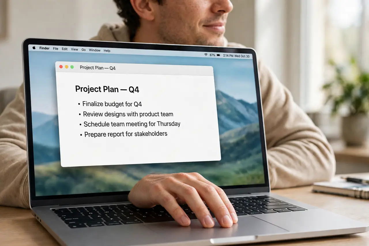 A person's hand with three fingers resting on a real MacBook trackpad mid-drag, the screen showing a window being moved fully legible, the person's face relaxed.