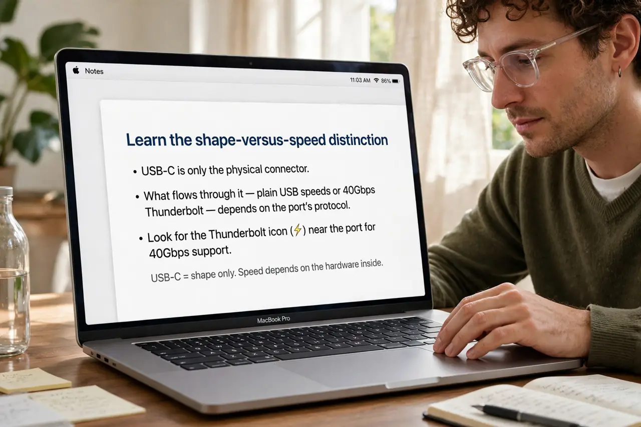 A person performing step 1: Learn the shape-versus-speed distinction. USB-C is only the physical connector. What flows through it — plain .